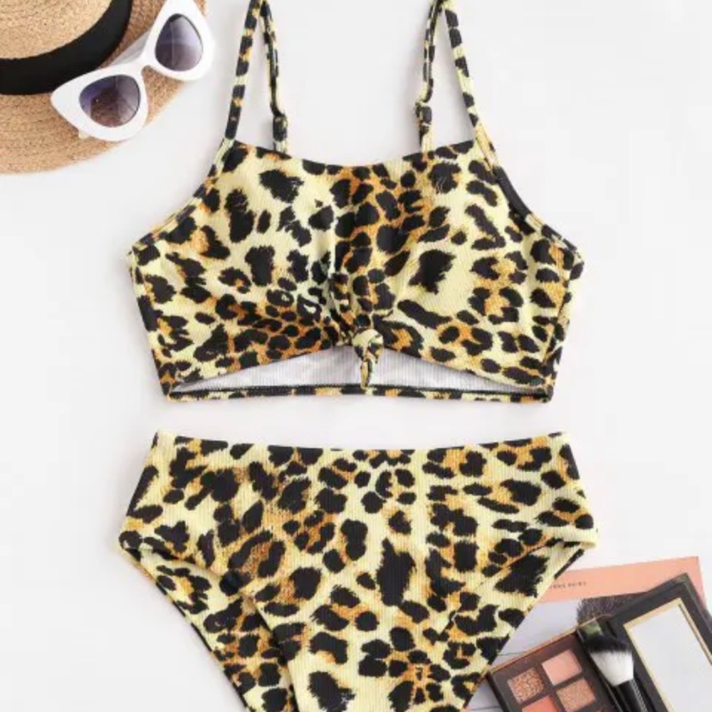 ZAFUL Leopard Knotted Ribbed High Waisted Tankini Swimwear - L NEVER WORN